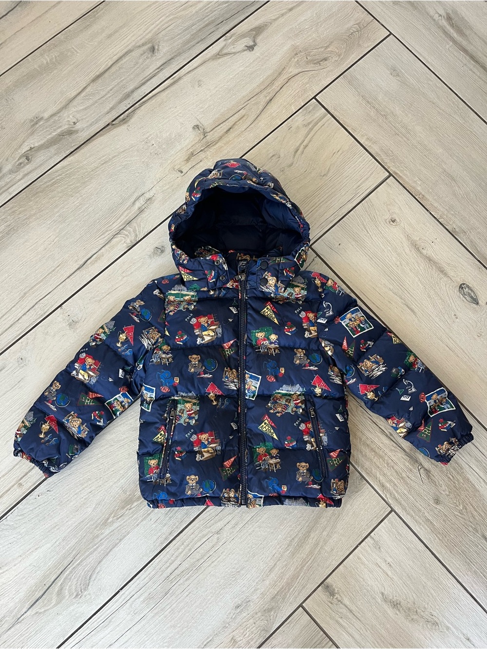 Polo Ralph Lauren Kids Navy Puffer Jacket with AOP Bear Print Size 6